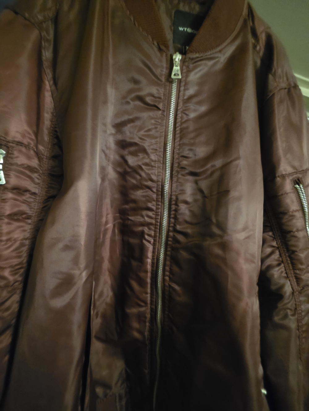 Men's Brown Satin Bomber Jacket with Zip Front
